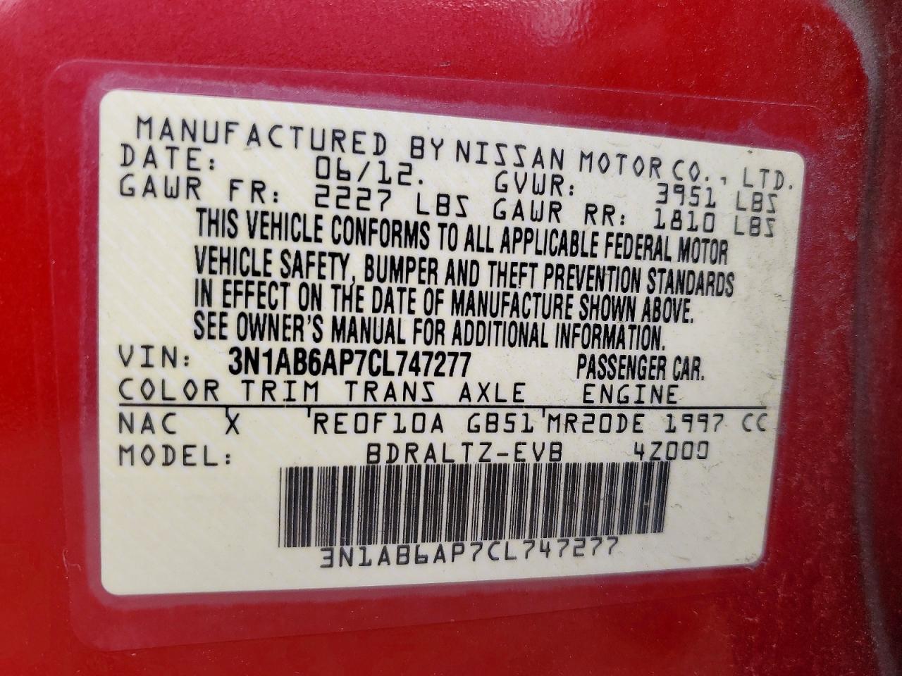 2012 Nissan Sentra 2.0 Red vin: 3N1AB6AP7CL747277