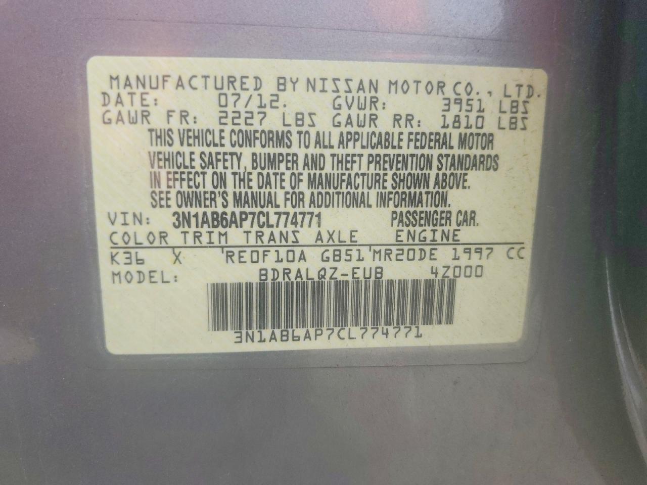 2012 Nissan Sentra 2.0 Gray vin: 3N1AB6AP7CL774771