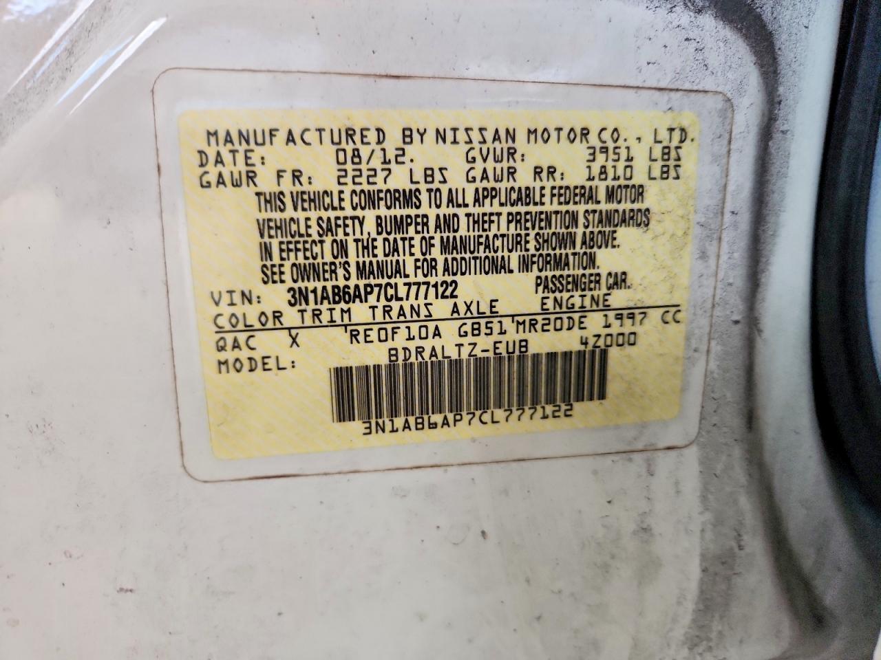 2012 Nissan Sentra 2.0 White vin: 3N1AB6AP7CL777122