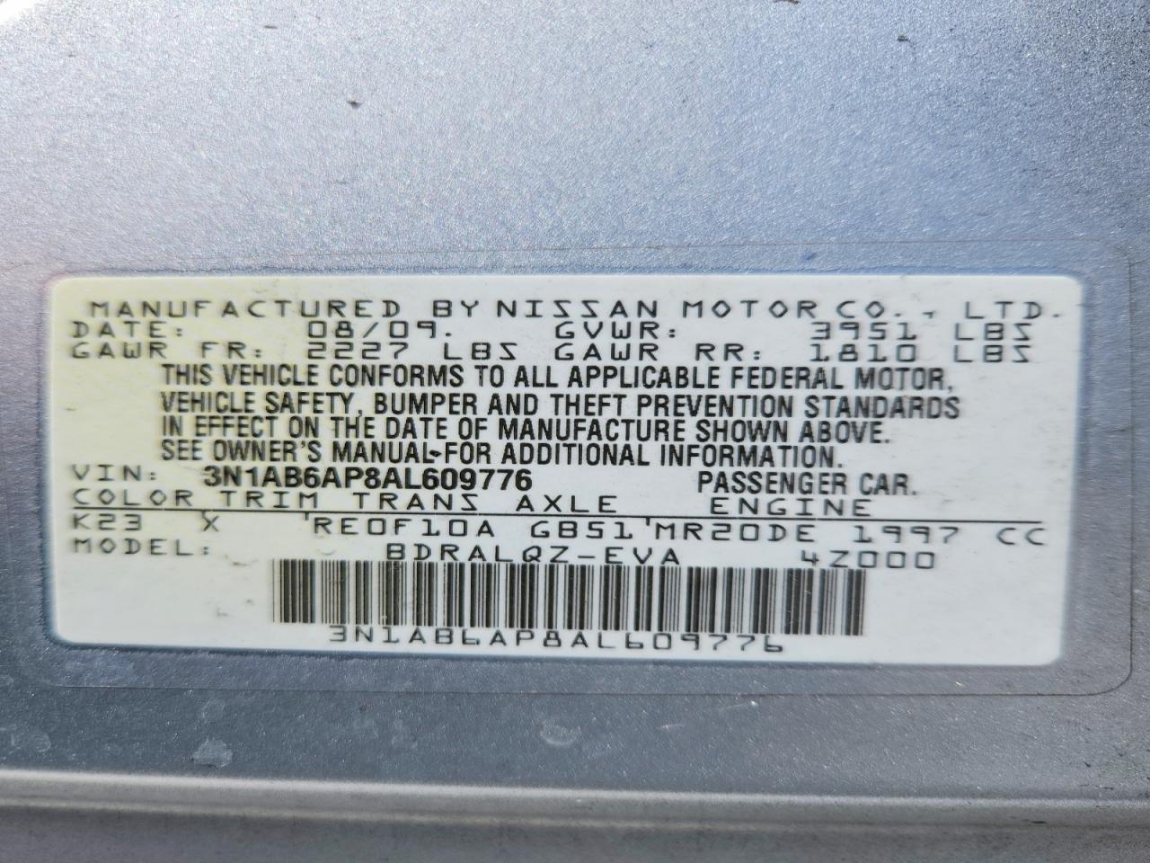 2010 Niss Sentra Gray vin: 3N1AB6AP8AL609776