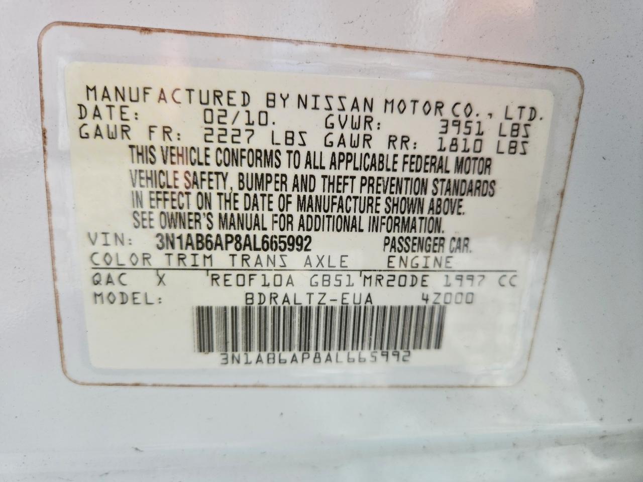 2010 Nissan Sentra 2.0 White vin: 3N1AB6AP8AL665992