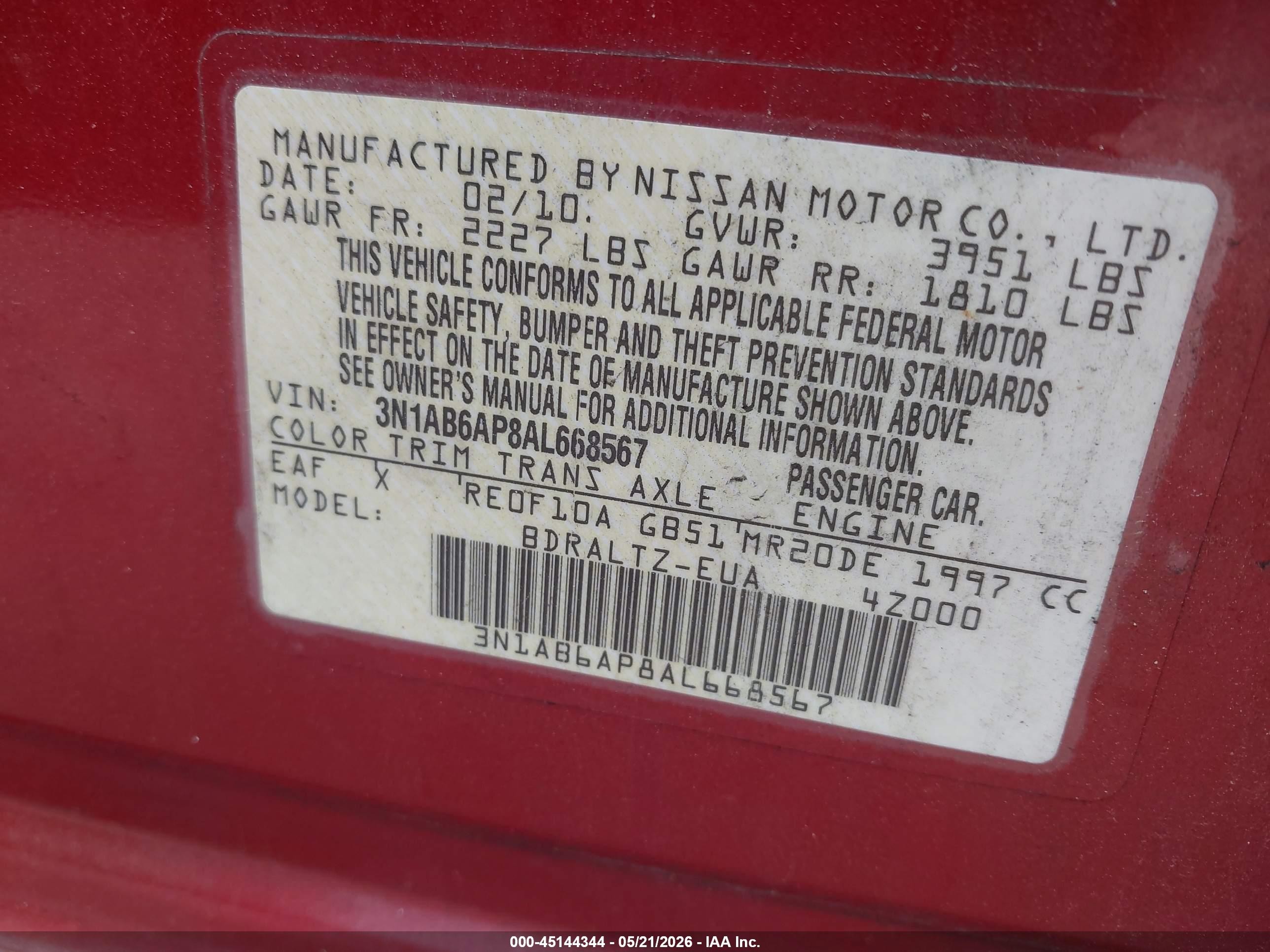 2010 Nissan Sentra 2.0sr Red vin: 3N1AB6AP8AL668567