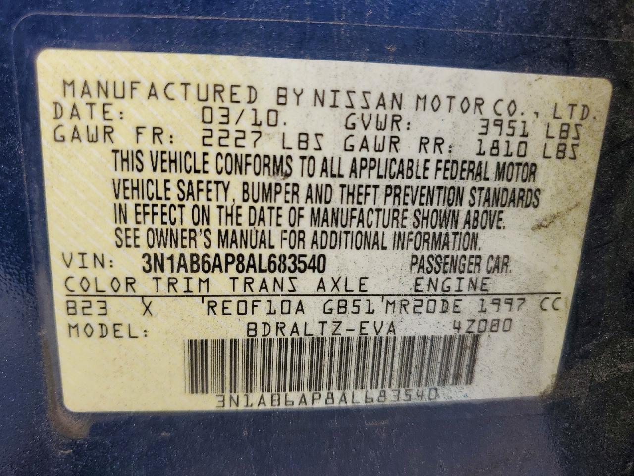 2010 Nissan Sentra 2.0 Blue vin: 3N1AB6AP8AL683540