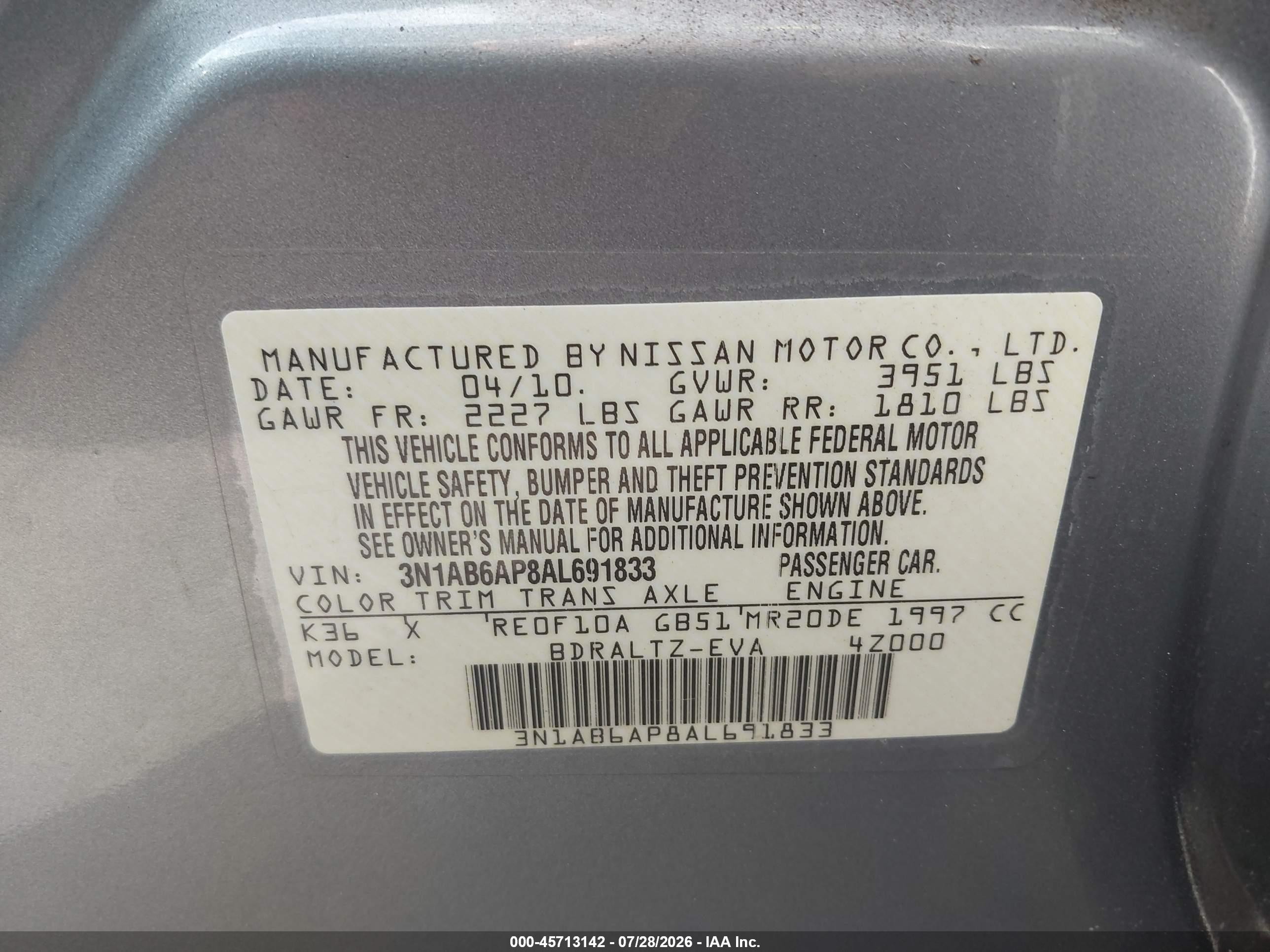 2010 Nissan Sentra 2.0s Silver vin: 3N1AB6AP8AL691833