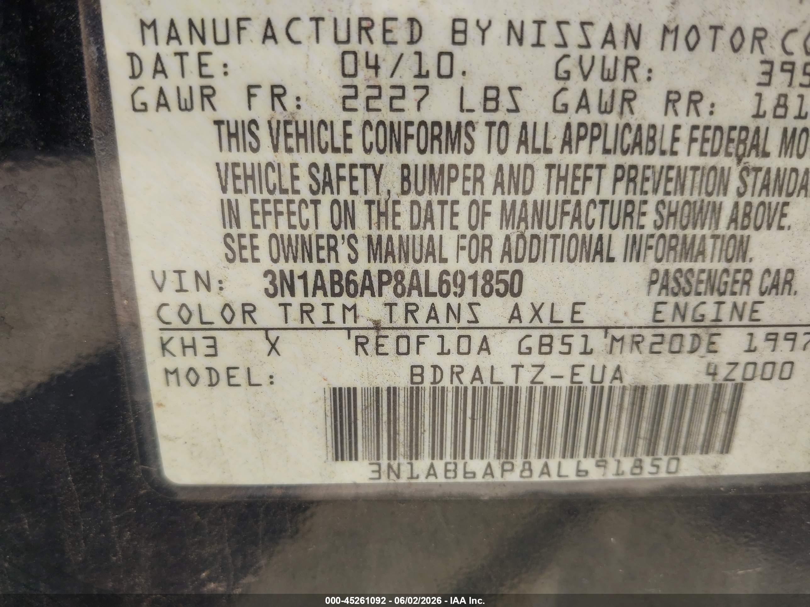2010 Nissan Sentra 2.0s Black vin: 3N1AB6AP8AL691850