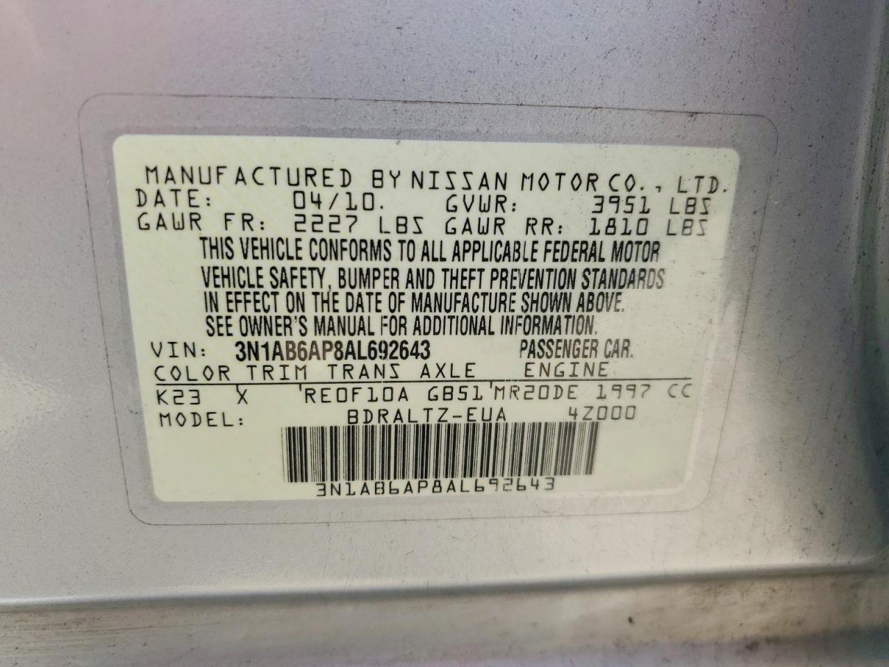2010 Nissan Sentra 2.0 Silver vin: 3N1AB6AP8AL692643