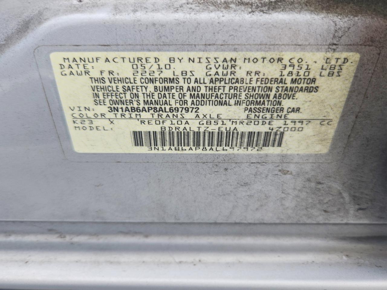 2010 Nissan Sentra 2.0 Silver vin: 3N1AB6AP8AL697972