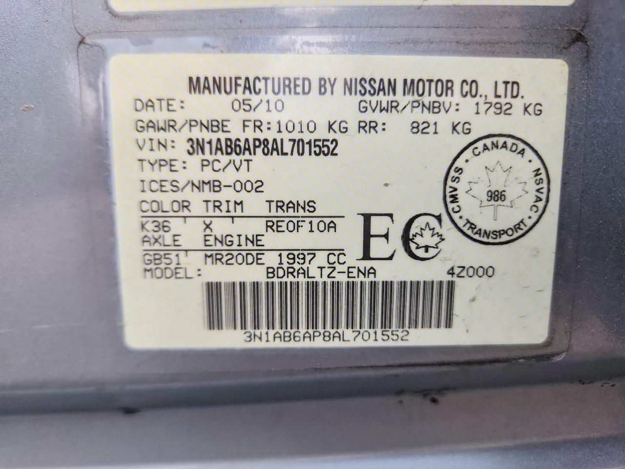 2010 Nissan Sentra 2.0 Silver vin: 3N1AB6AP8AL701552