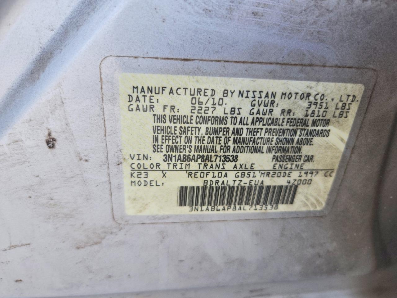 2010 Nissan Sentra 2.0 Silver vin: 3N1AB6AP8AL713538