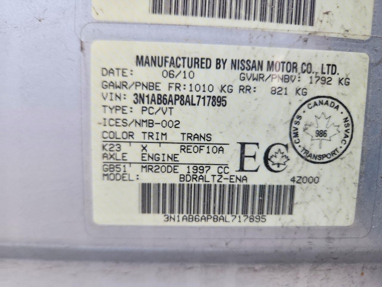 2010 Nissan Sentra 2.0/2.0s/sr/2.0sl Silver vin: 3N1AB6AP8AL717895