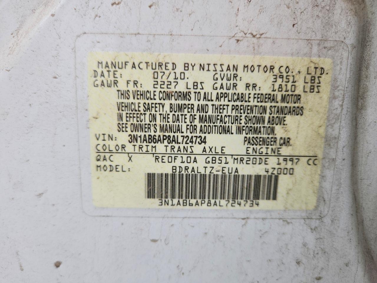 2010 Nissan Sentra 2.0 Белый vin: 3N1AB6AP8AL724734