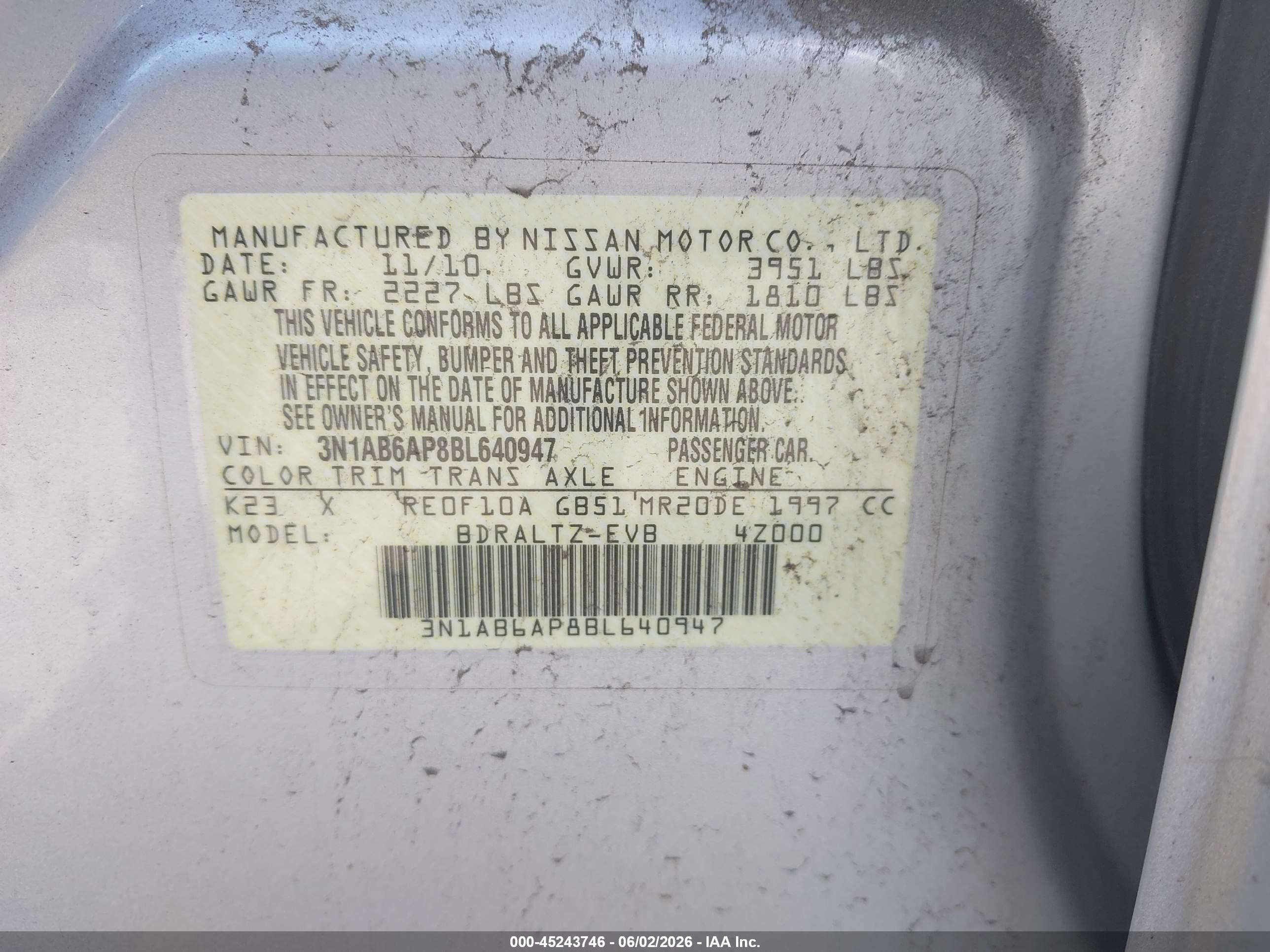 2011 Nissan Sentra 2.0sr Gray vin: 3N1AB6AP8BL640947