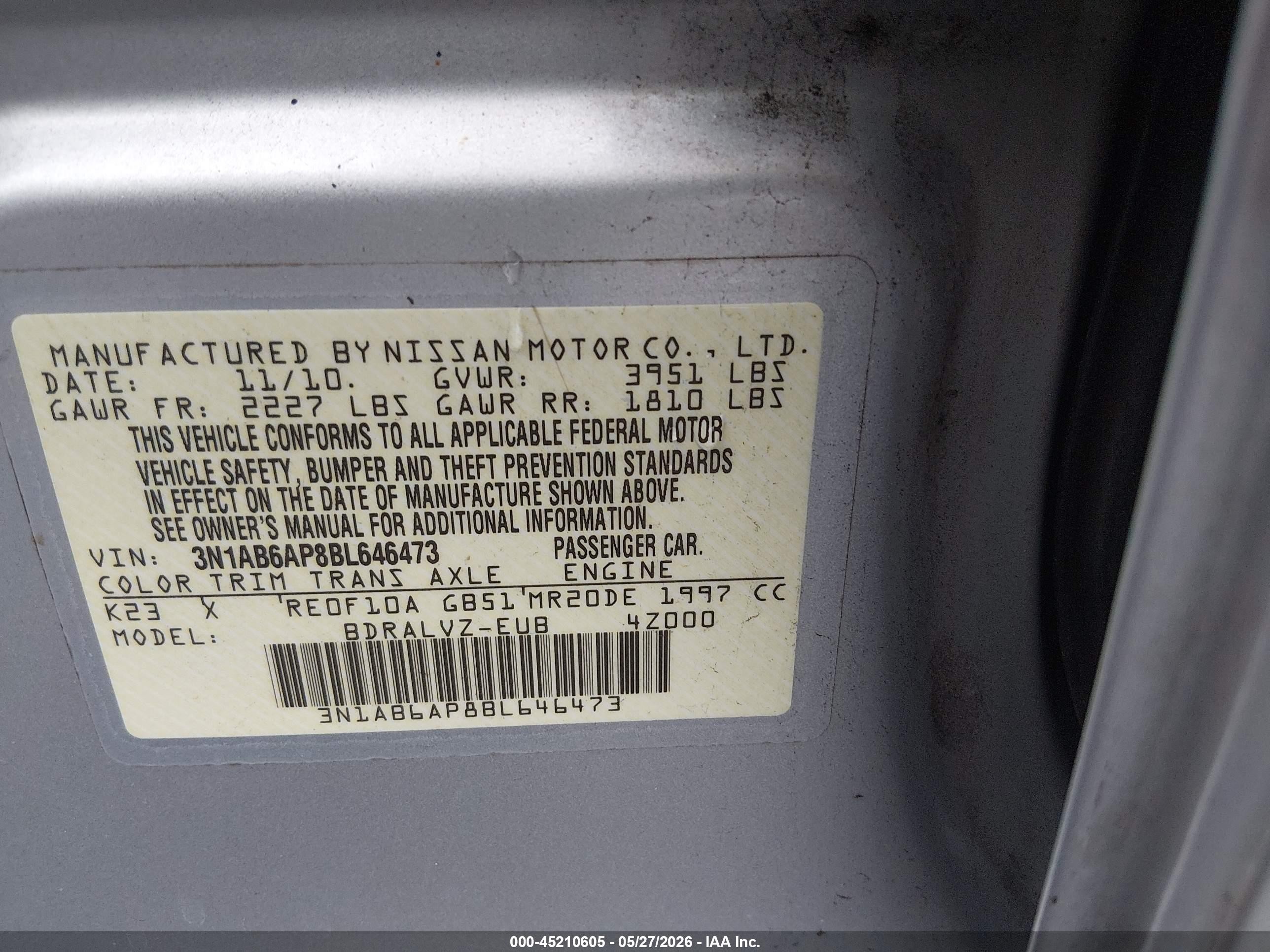 2011 Nissan Sentra 2.0sl Silver vin: 3N1AB6AP8BL646473