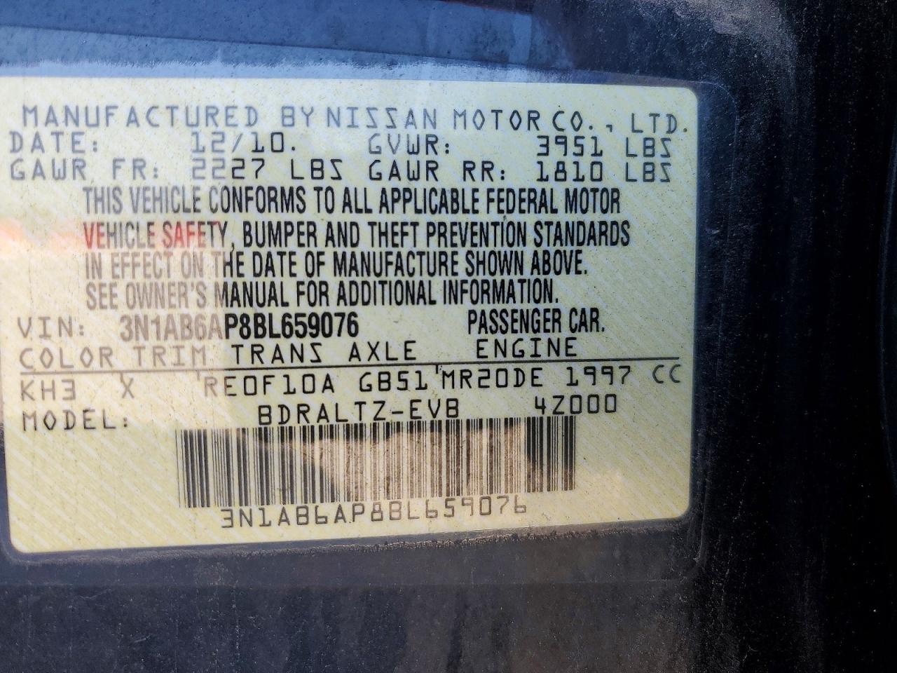 2011 Nissan Sentra 2.0 Black vin: 3N1AB6AP8BL659076