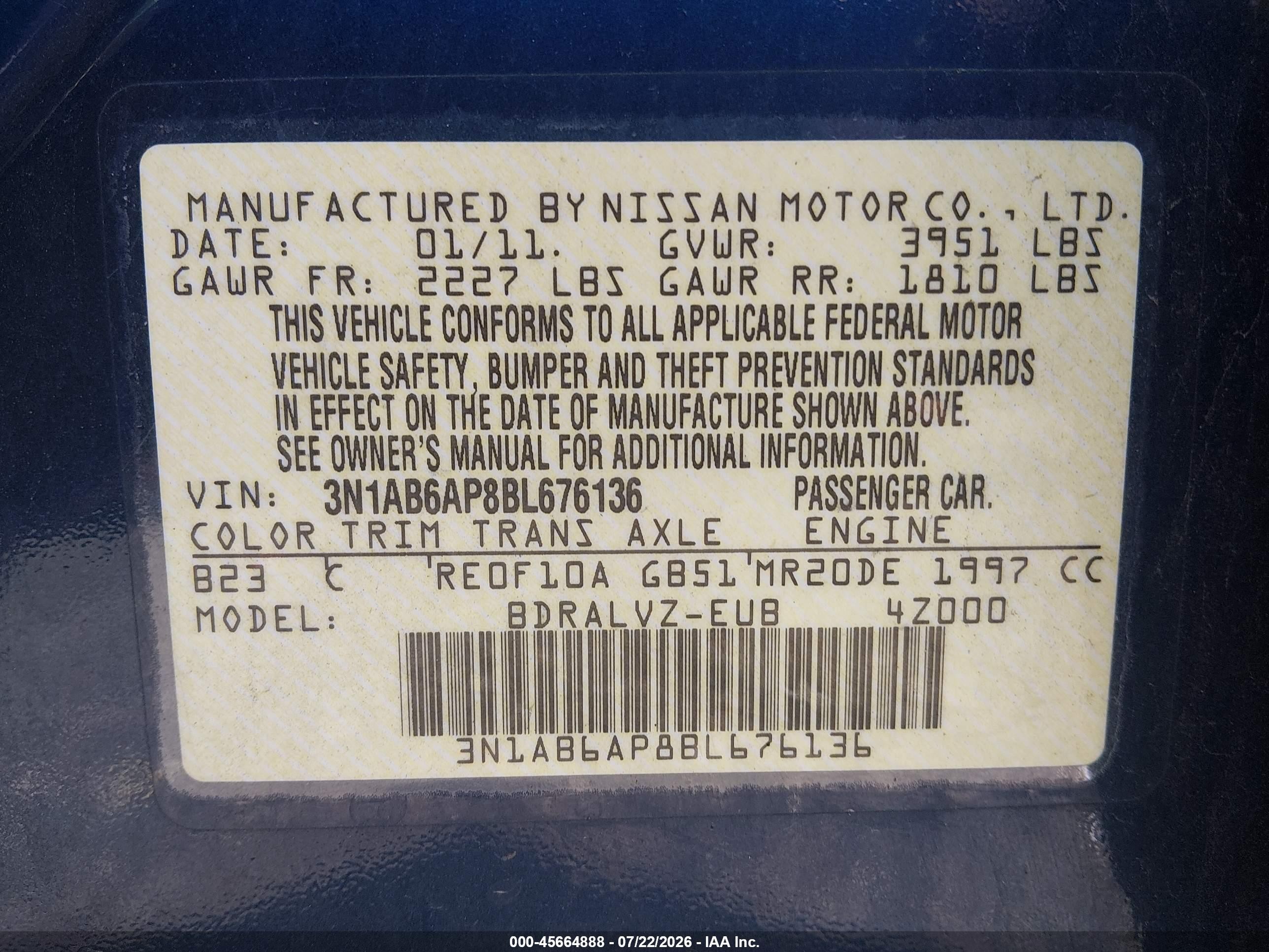 2011 Nissan Sentra 2.0sl Blue vin: 3N1AB6AP8BL676136