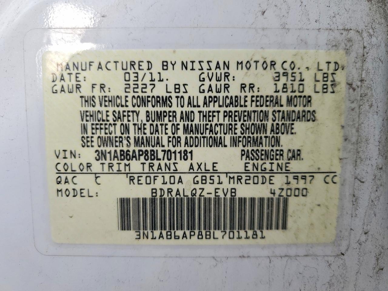 2011 Nissan Sentra 2.0 White vin: 3N1AB6AP8BL701181