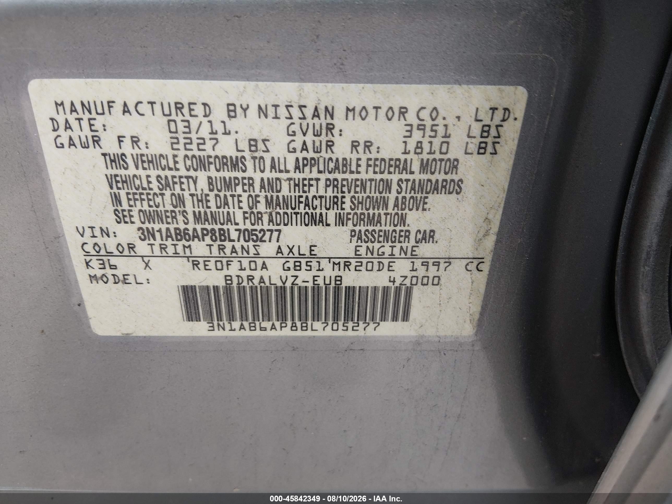 2011 Nissan Sentra 2.0sl Silver vin: 3N1AB6AP8BL705277