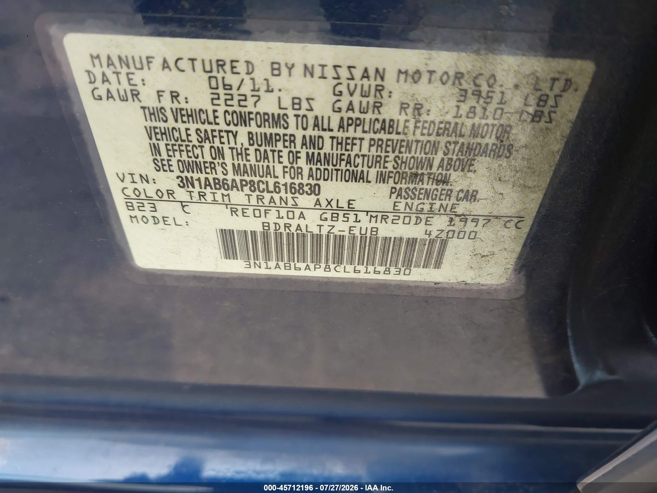 2012 Nissan Sentra 2.0 S Blue vin: 3N1AB6AP8CL616830