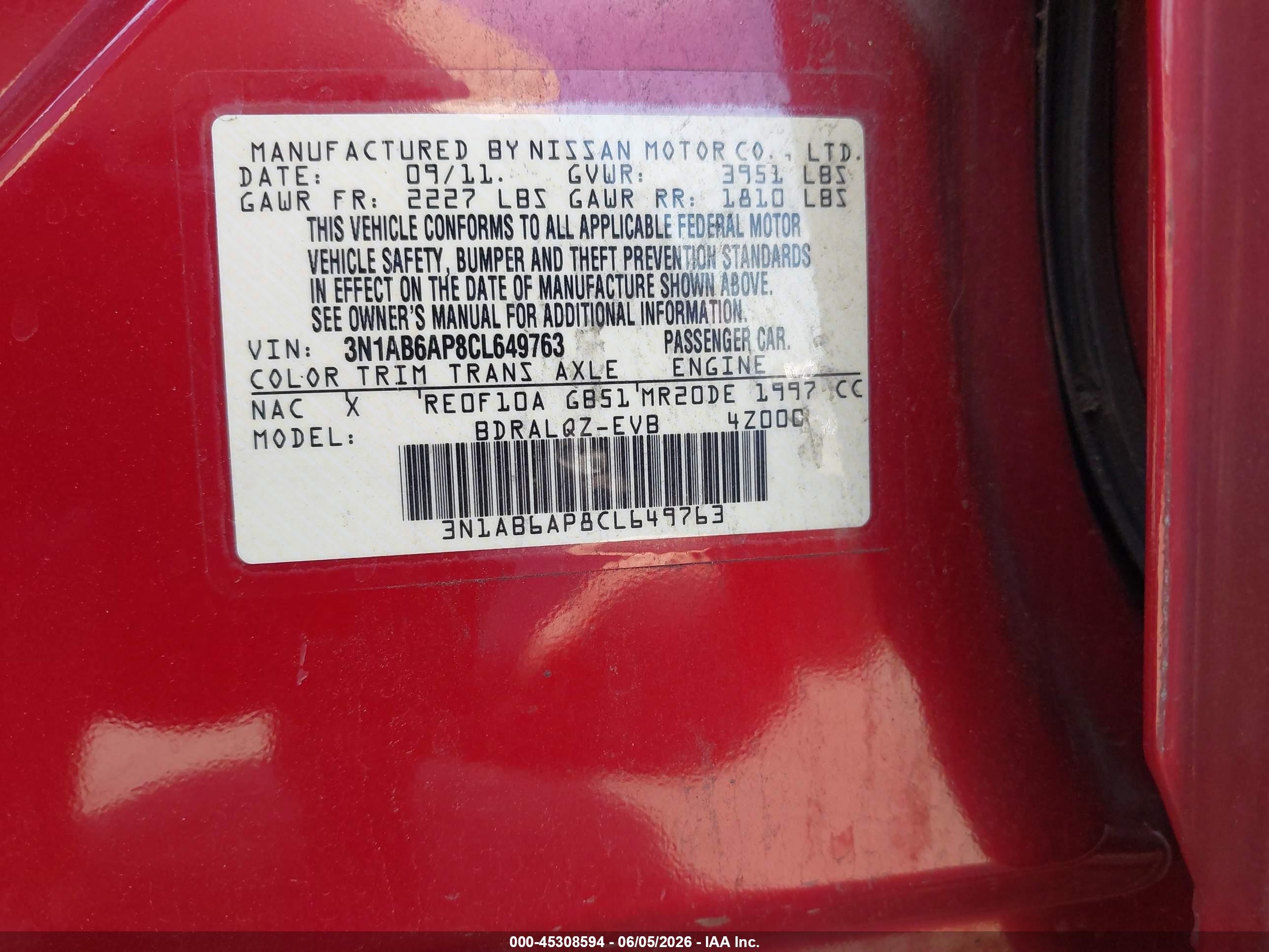 2012 Nissan Sentra 2.0 Красный vin: 3N1AB6AP8CL649763