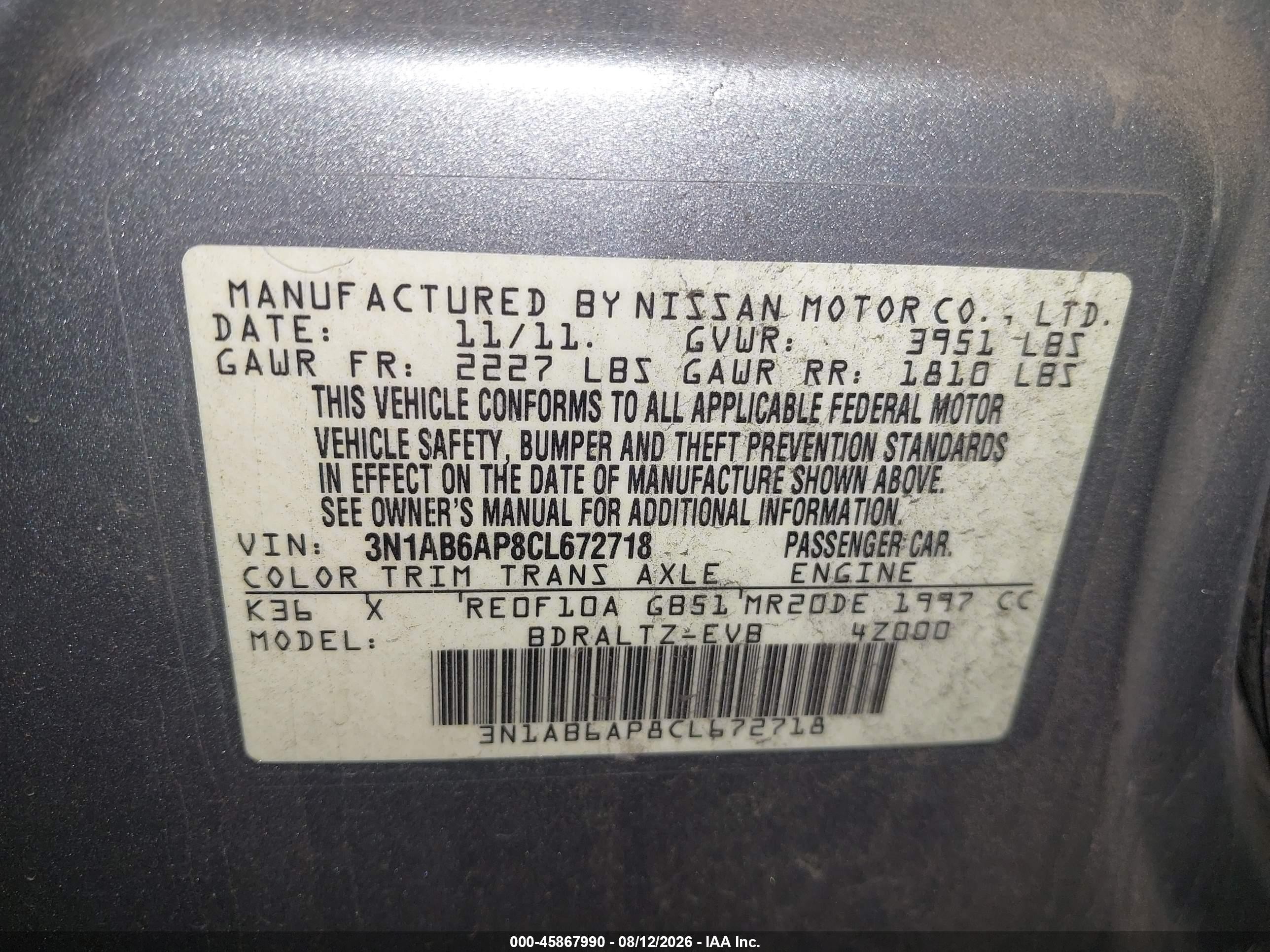 2012 Nissan Sentra 2.0 S Gray vin: 3N1AB6AP8CL672718