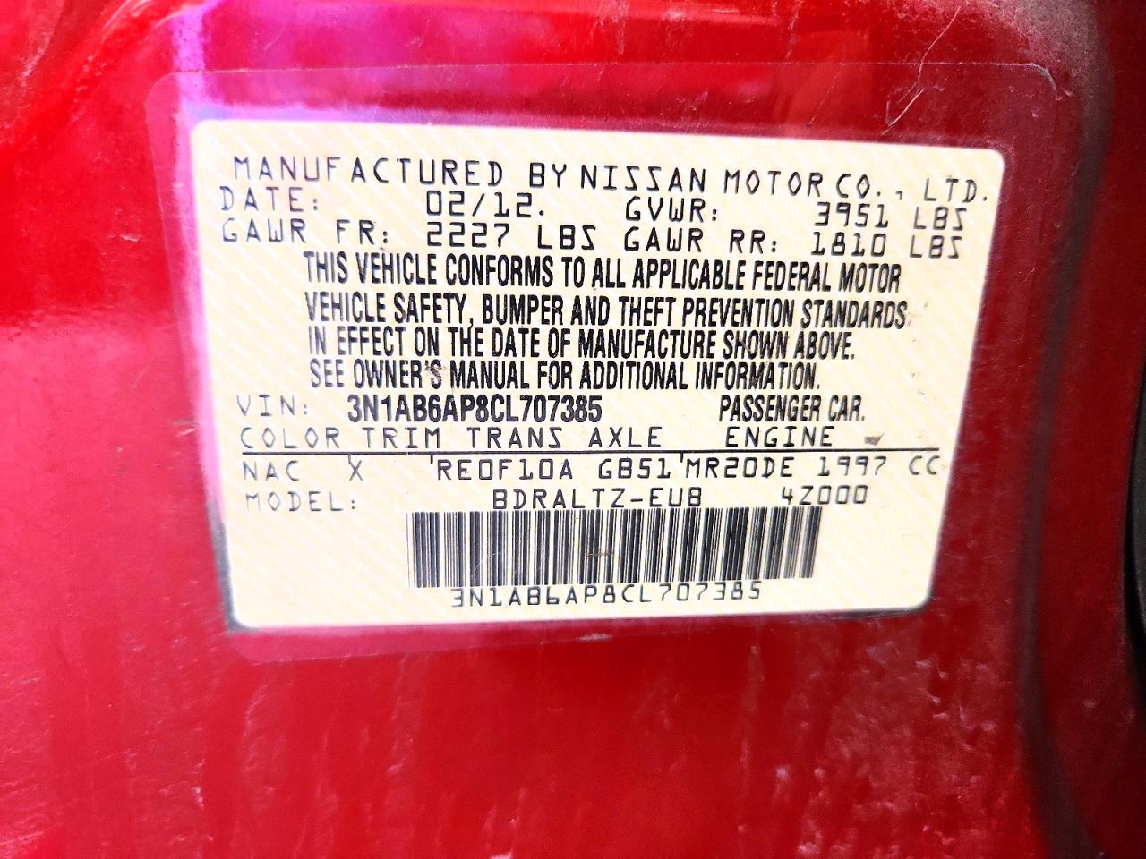 2012 Nissan Sentra Red vin: 3N1AB6AP8CL707385