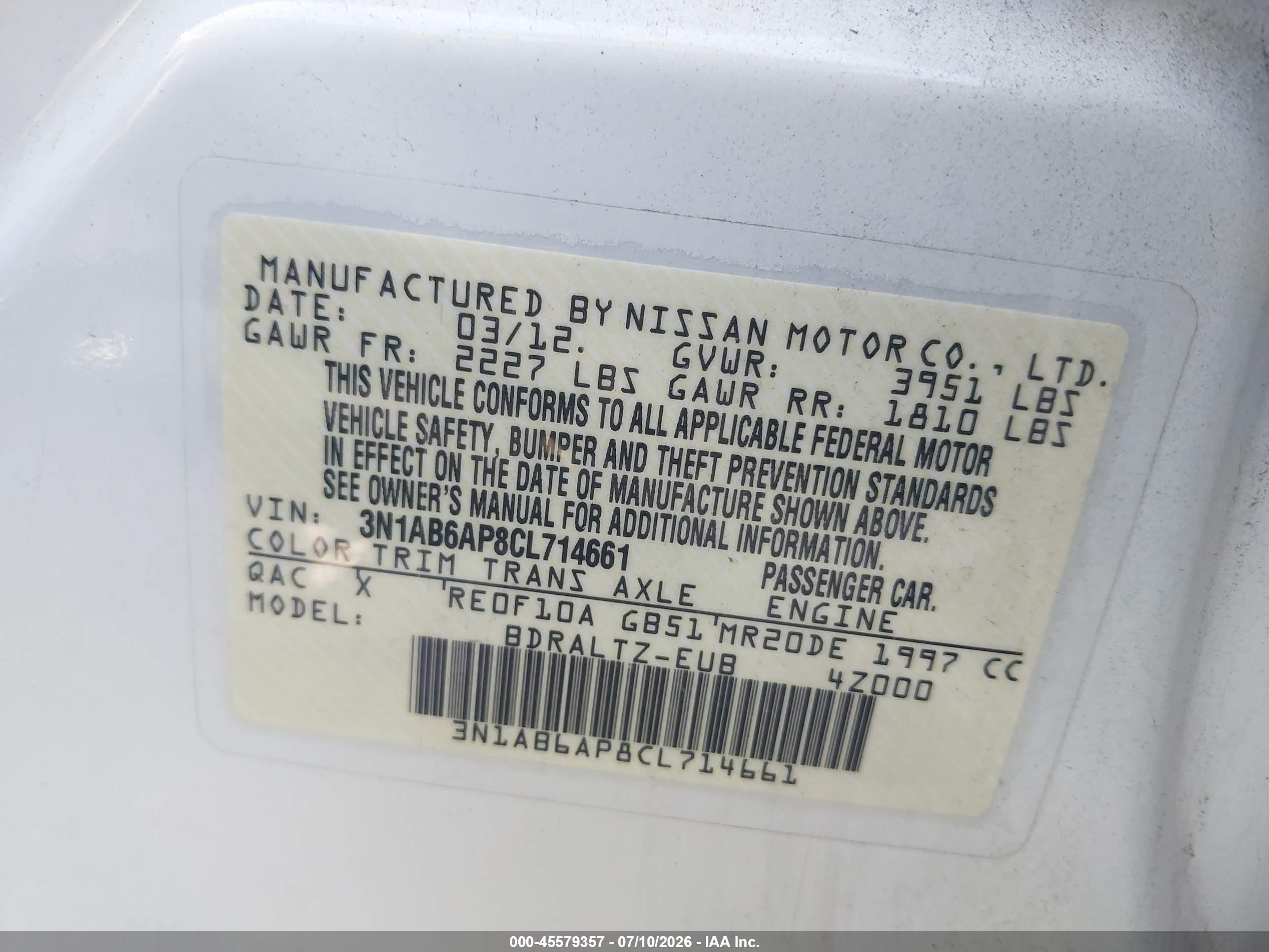2012 Nissan Sentra 2.0 S Белый vin: 3N1AB6AP8CL714661