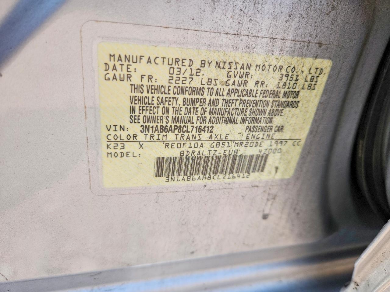 2012 Nissan Sentra 2.0 Silver vin: 3N1AB6AP8CL716412