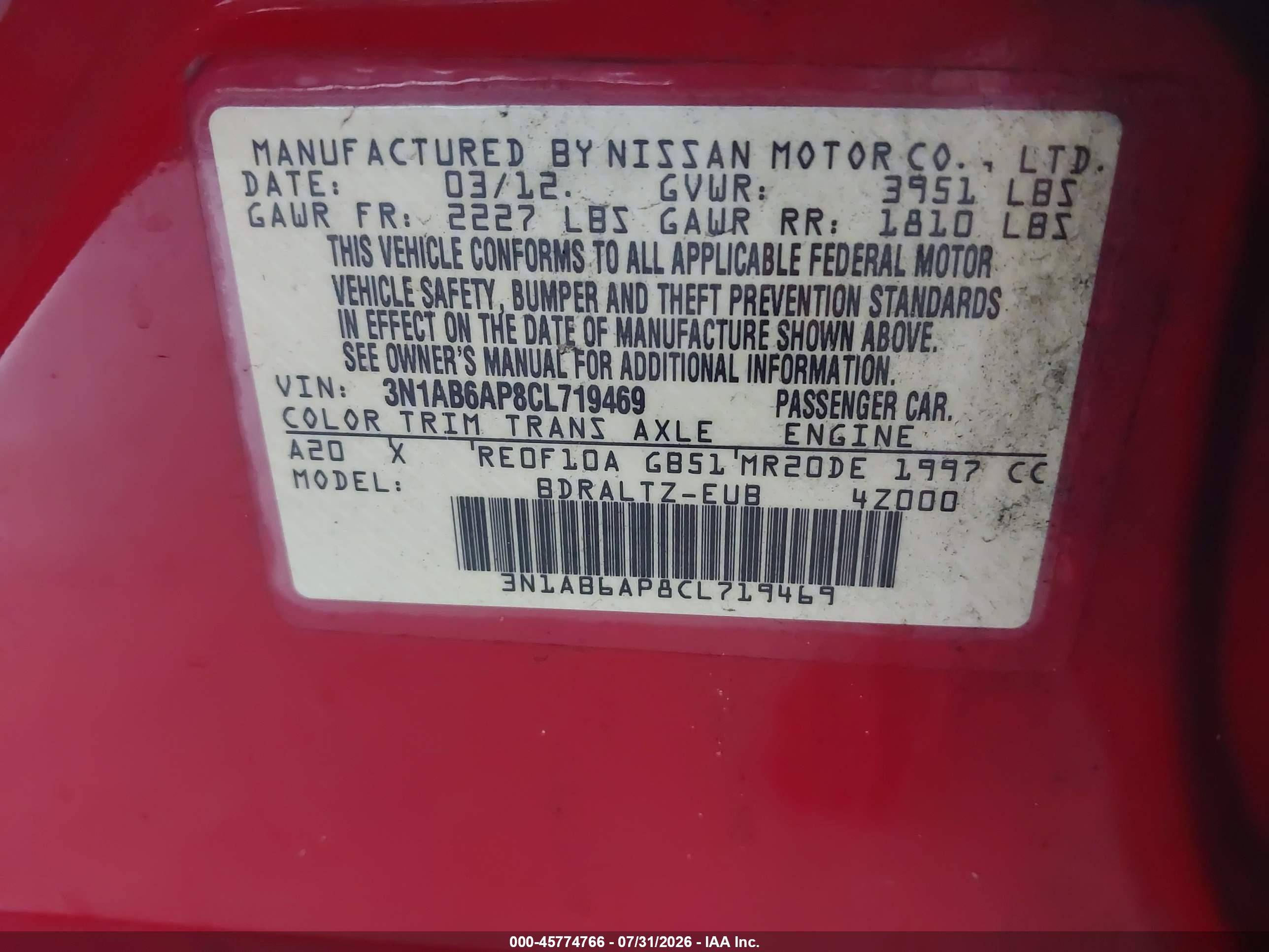 2012 Nissan Sentra 2.0 Sr Red vin: 3N1AB6AP8CL719469