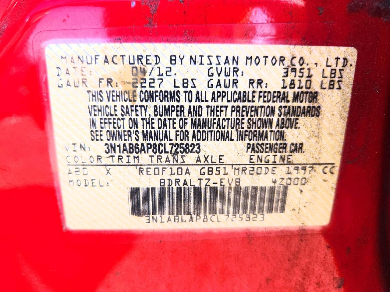 2012 Nissan Sentra 2.0 Red vin: 3N1AB6AP8CL725823