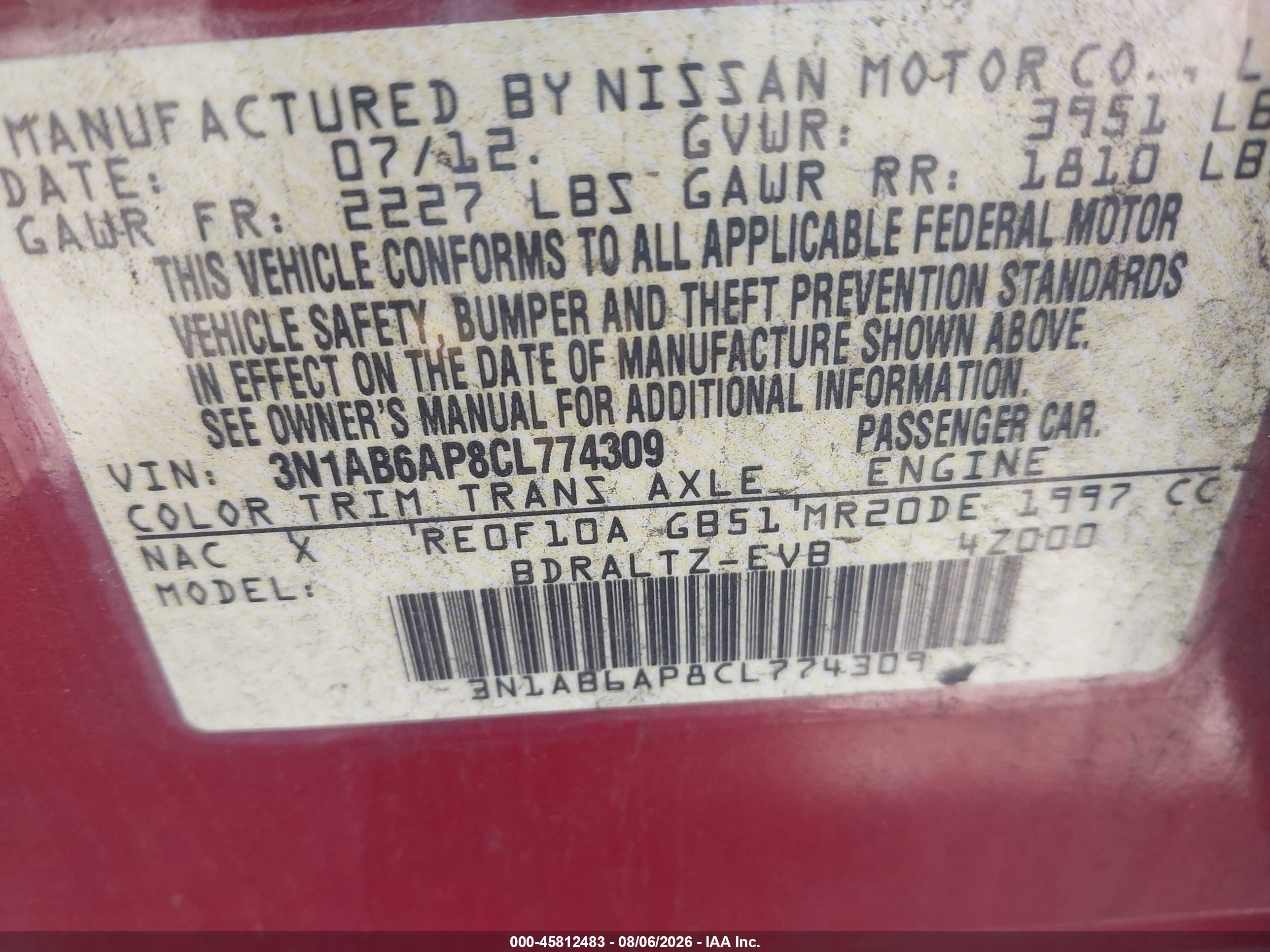 2012 Nissan Sentra 2.0 S Red vin: 3N1AB6AP8CL774309