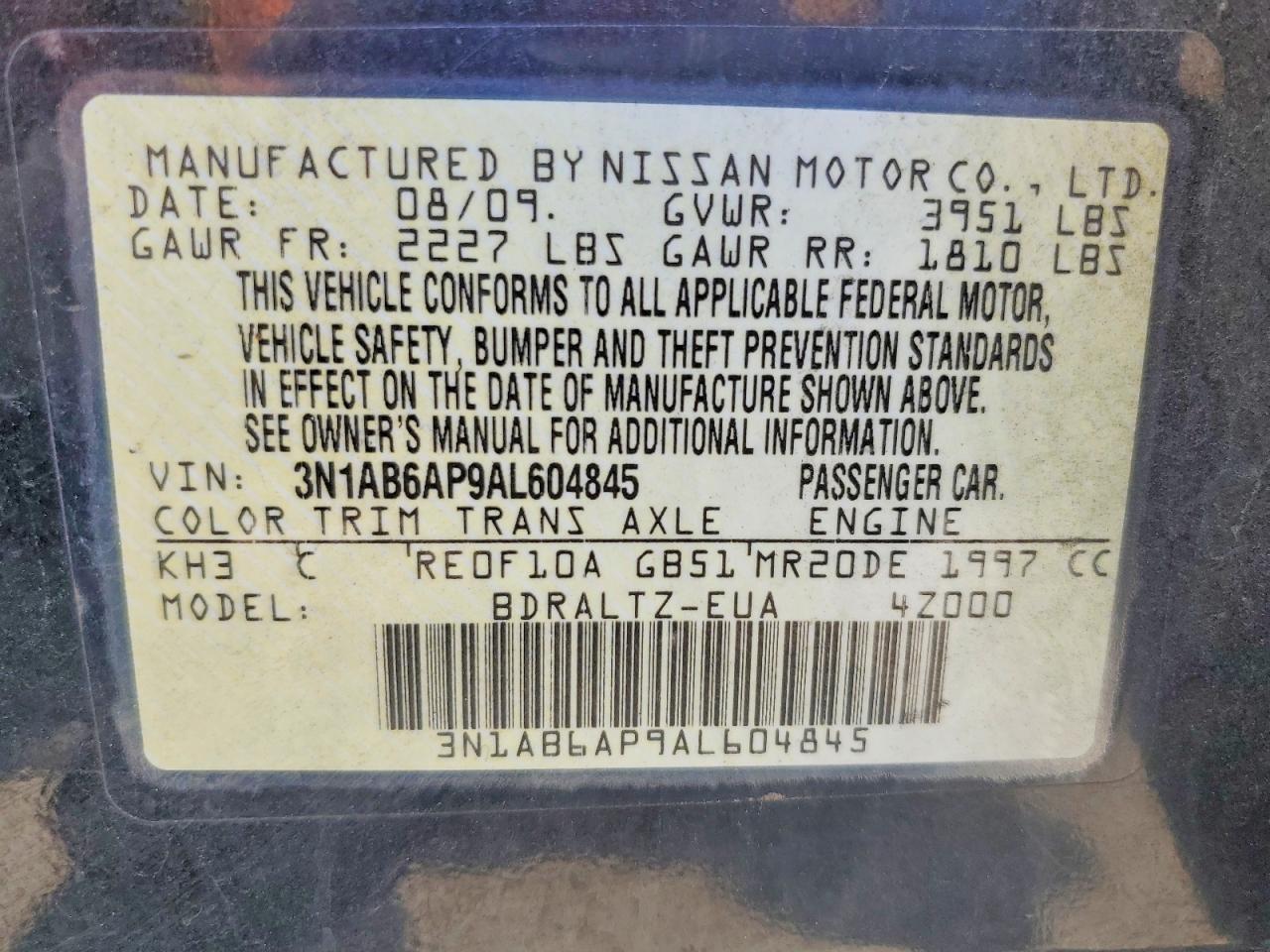 2010 Nissan Sentra 2.0 Черный vin: 3N1AB6AP9AL604845
