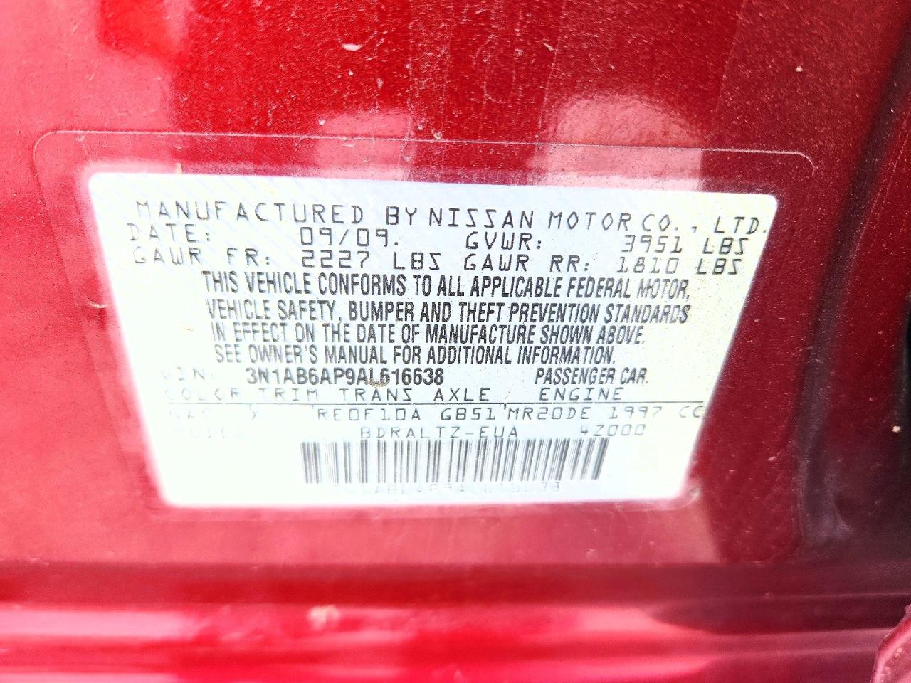 2010 Nissan Sentra 2.0 Burgundy vin: 3N1AB6AP9AL616638