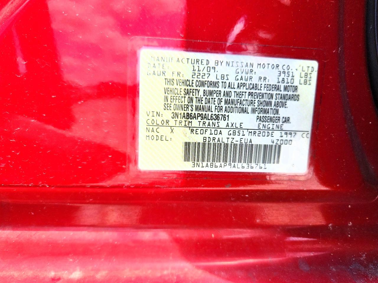 2010 Nissan Sentra 2.0 Red vin: 3N1AB6AP9AL636761