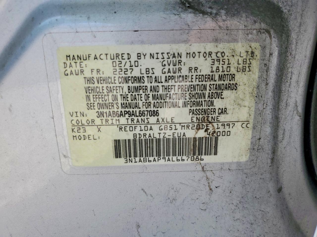 2010 Nissan Sentra 2.0 Silver vin: 3N1AB6AP9AL667086