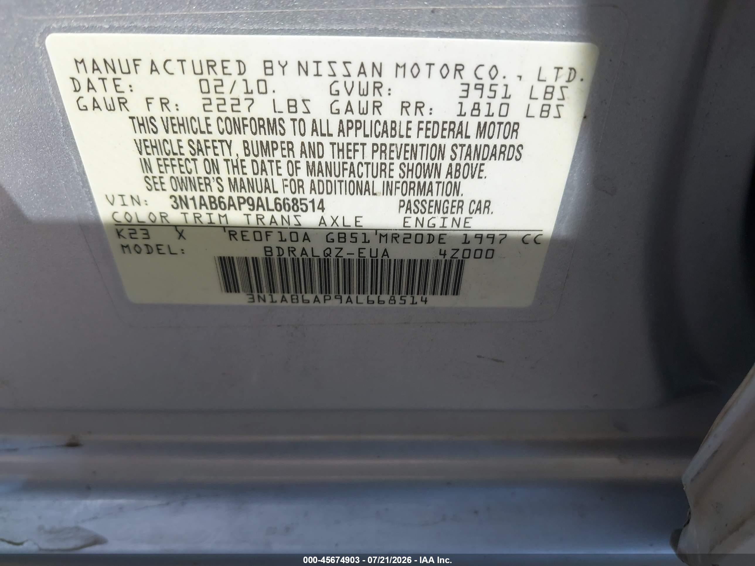 2010 Nissan Sentra 2.0 Silver vin: 3N1AB6AP9AL668514