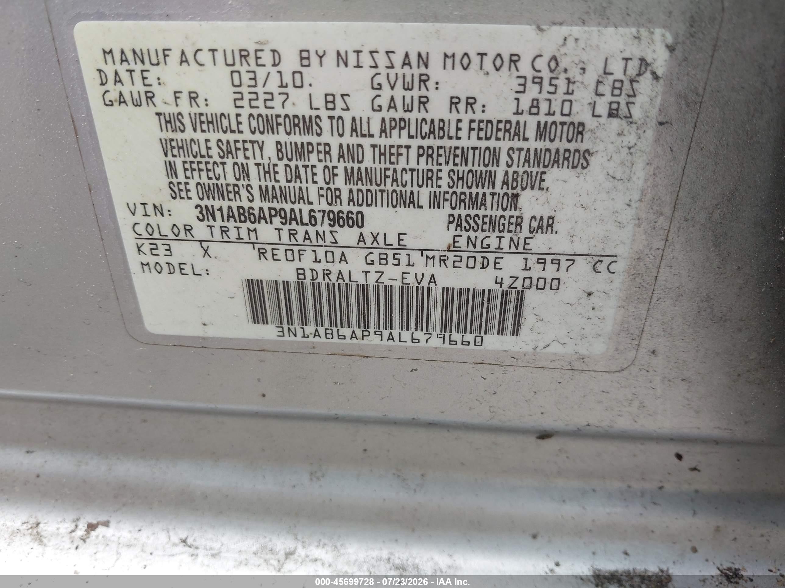 2010 Nissan Sentra 2.0sr Silver vin: 3N1AB6AP9AL679660
