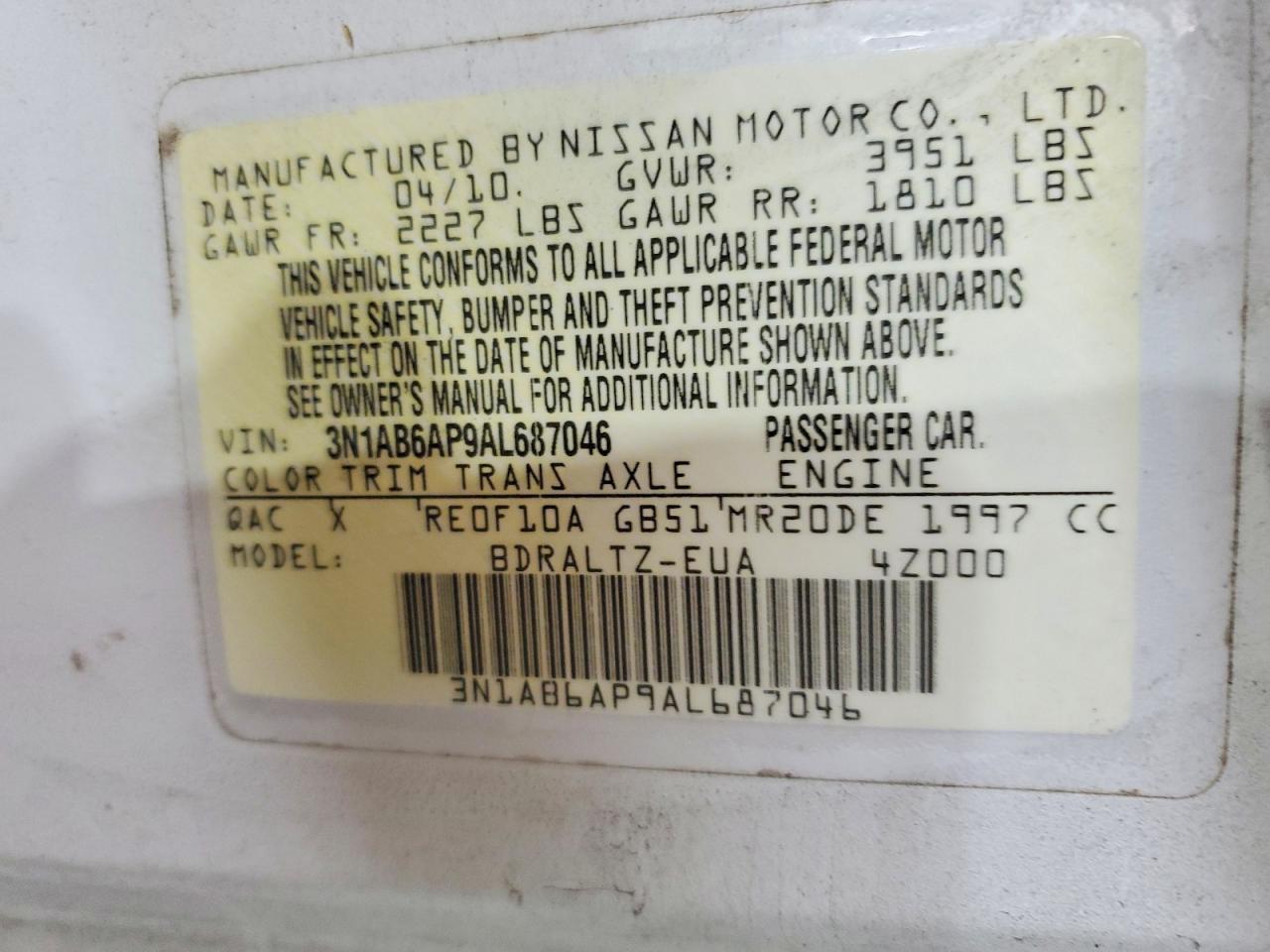 2010 Nissan Sentra 2.0 White vin: 3N1AB6AP9AL687046