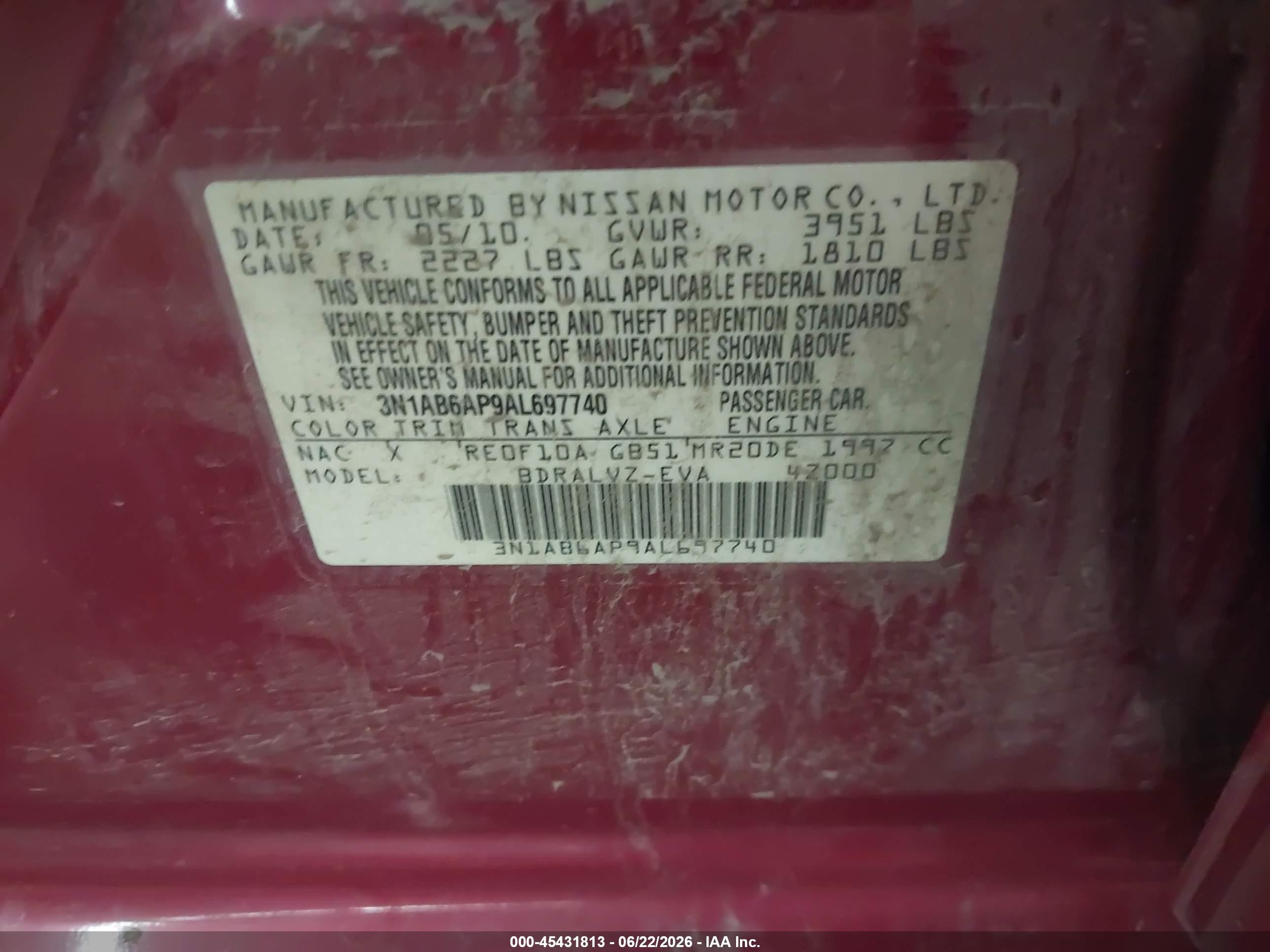 2010 Nissan Sentra 2.0sl Red vin: 3N1AB6AP9AL697740