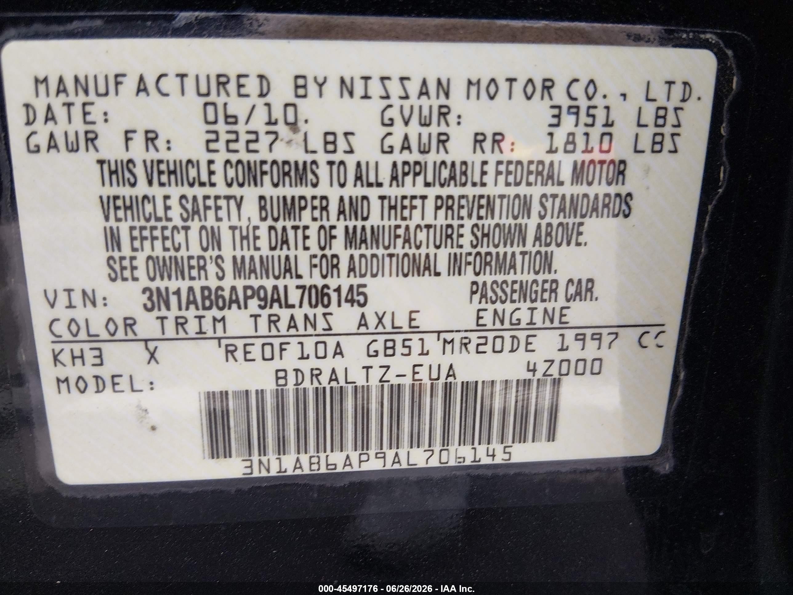 2010 Nissan Sentra 2.0s Black vin: 3N1AB6AP9AL706145