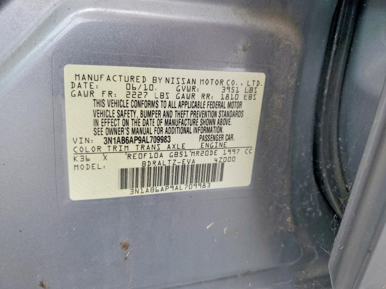 2010 Nissan Sentra 2.0/2.0s/sr/2.0sl Gray vin: 3N1AB6AP9AL709983