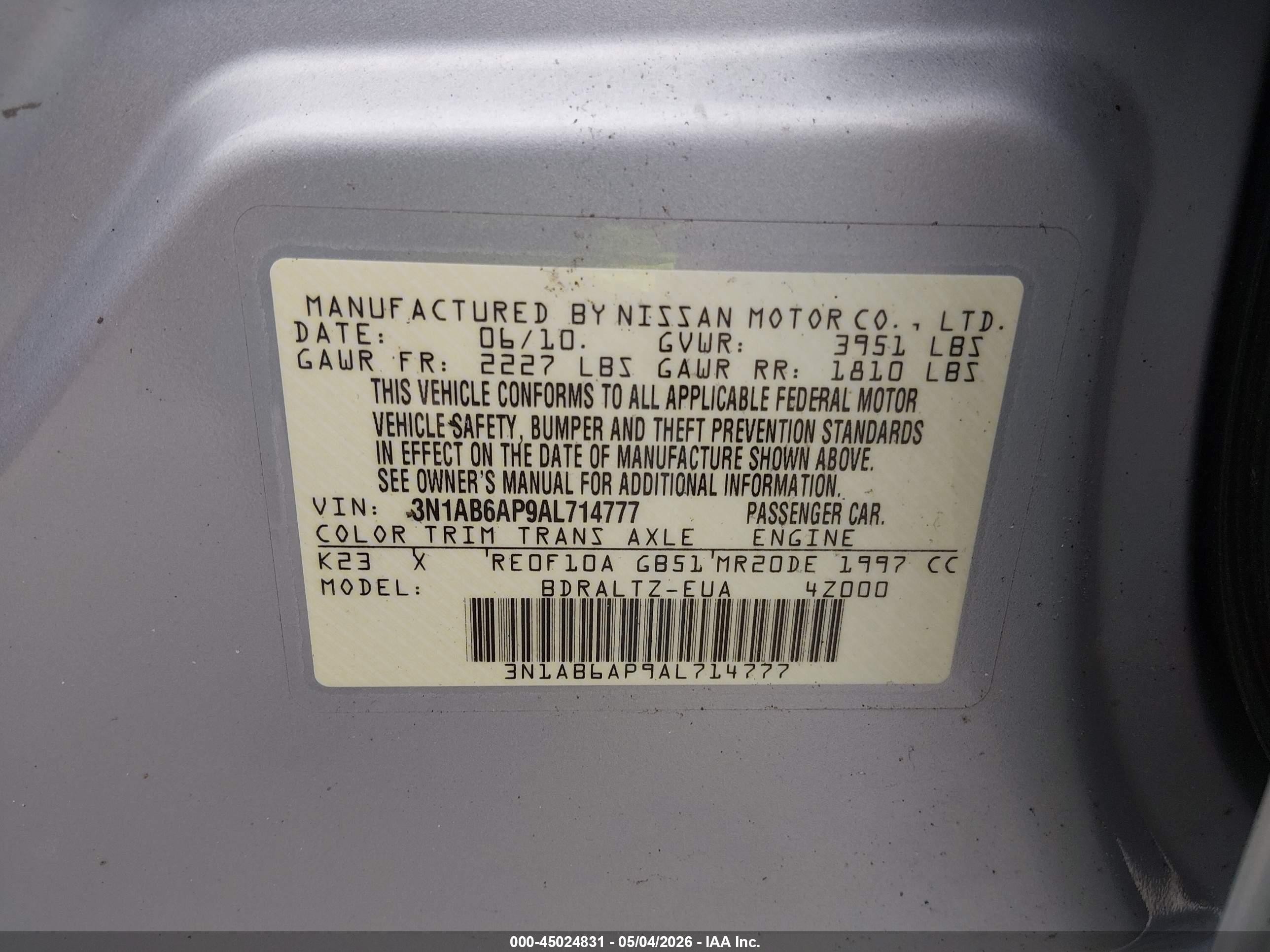 2010 Nissan Sentra 2.0sr Silver vin: 3N1AB6AP9AL714777