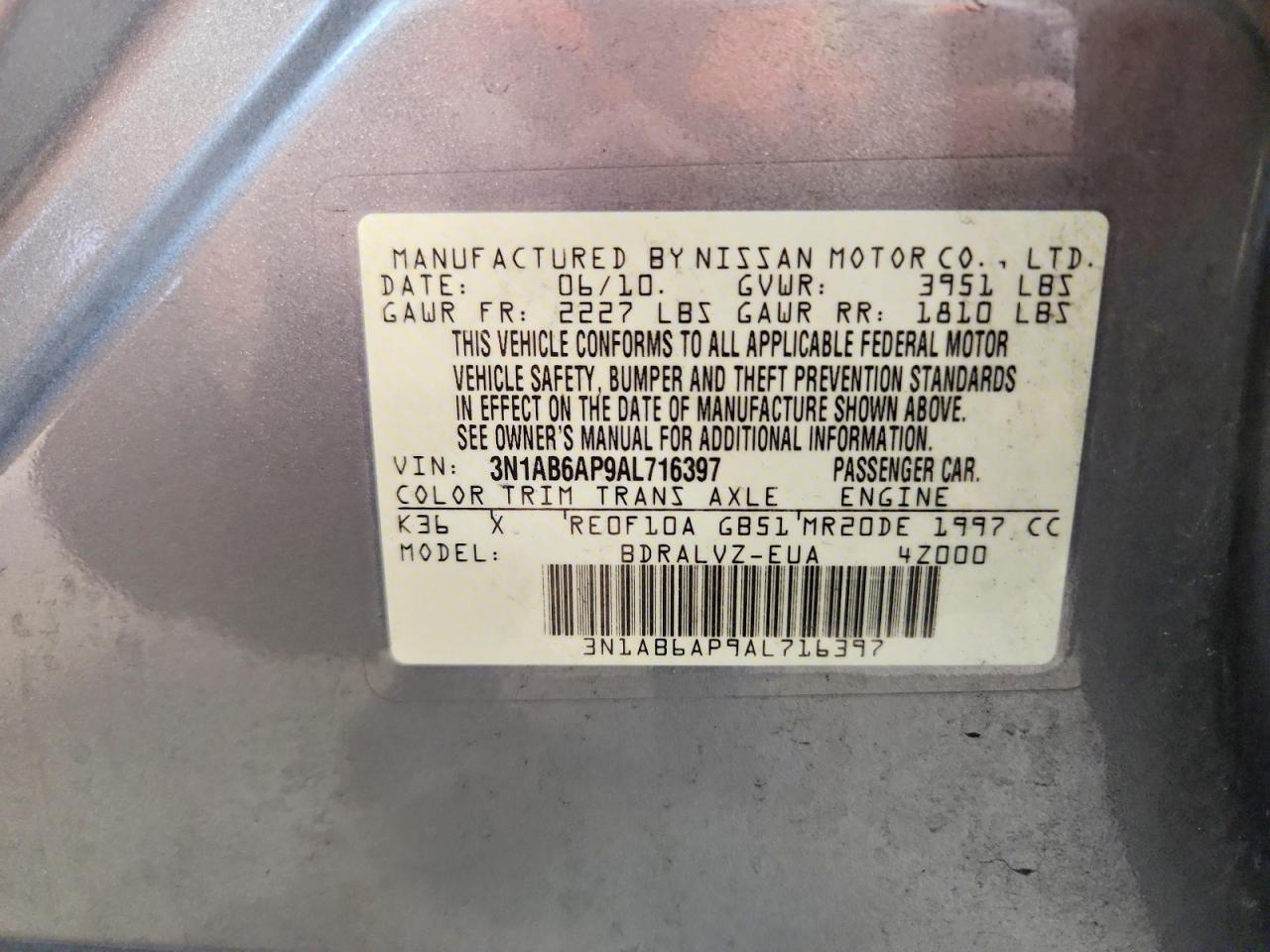 2010 Nissan Sentra 2.0 Gray vin: 3N1AB6AP9AL716397