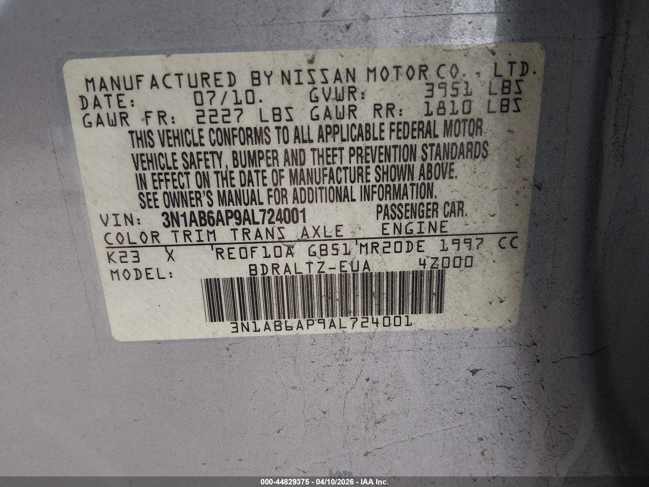 2010 Nissan Sentra 2.0sr Silver vin: 3N1AB6AP9AL724001