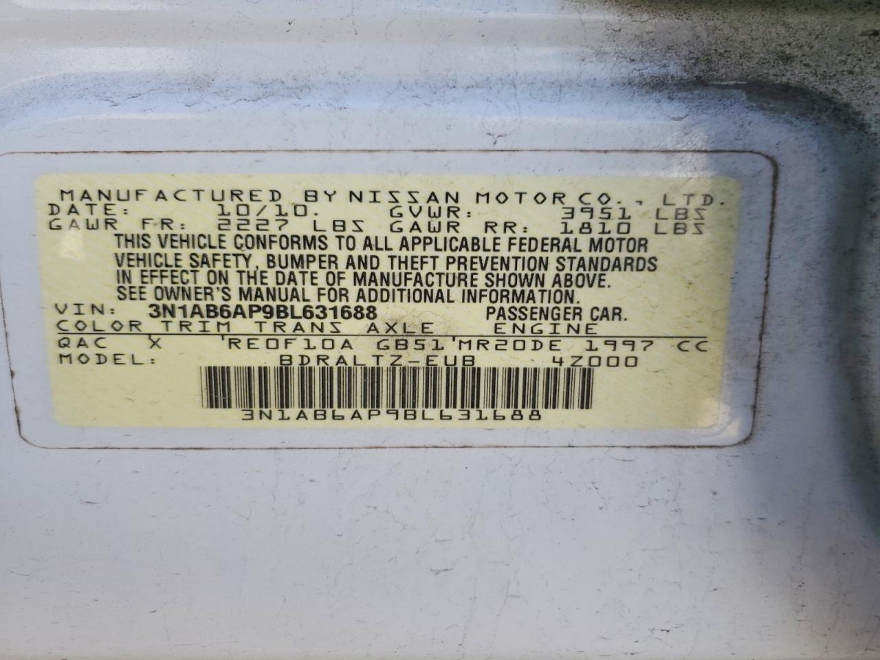 2011 Nissan Sentra 2.0 White vin: 3N1AB6AP9BL631688