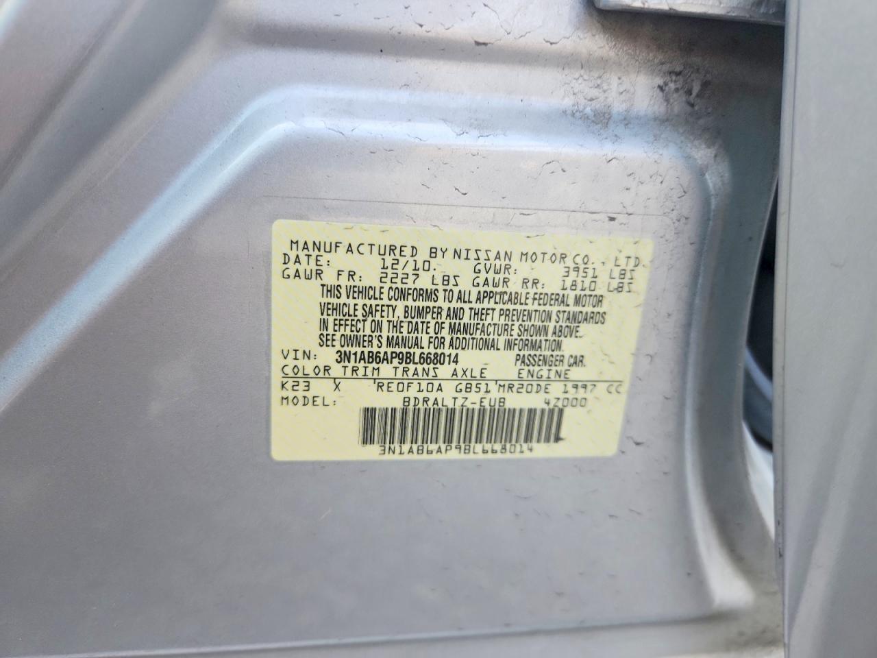 2011 Nissan Sentra 2.0 Silver vin: 3N1AB6AP9BL668014