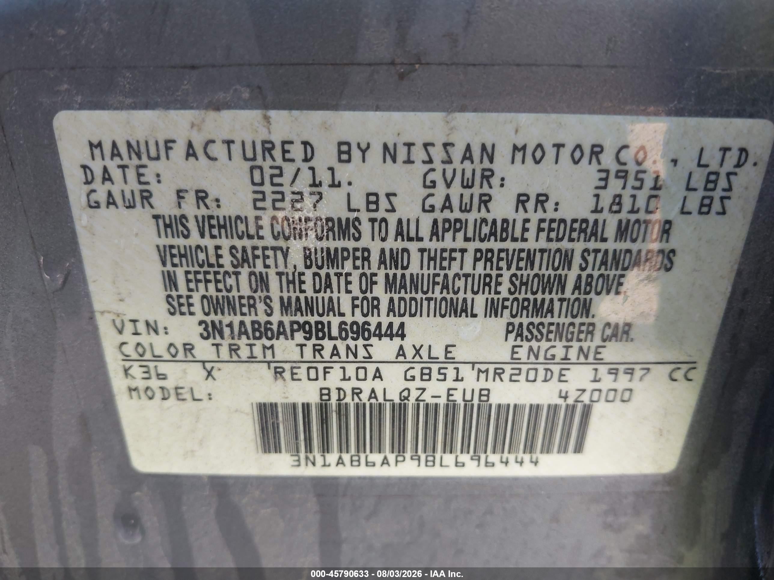 2011 Nissan Sentra 2.0 Silver vin: 3N1AB6AP9BL696444