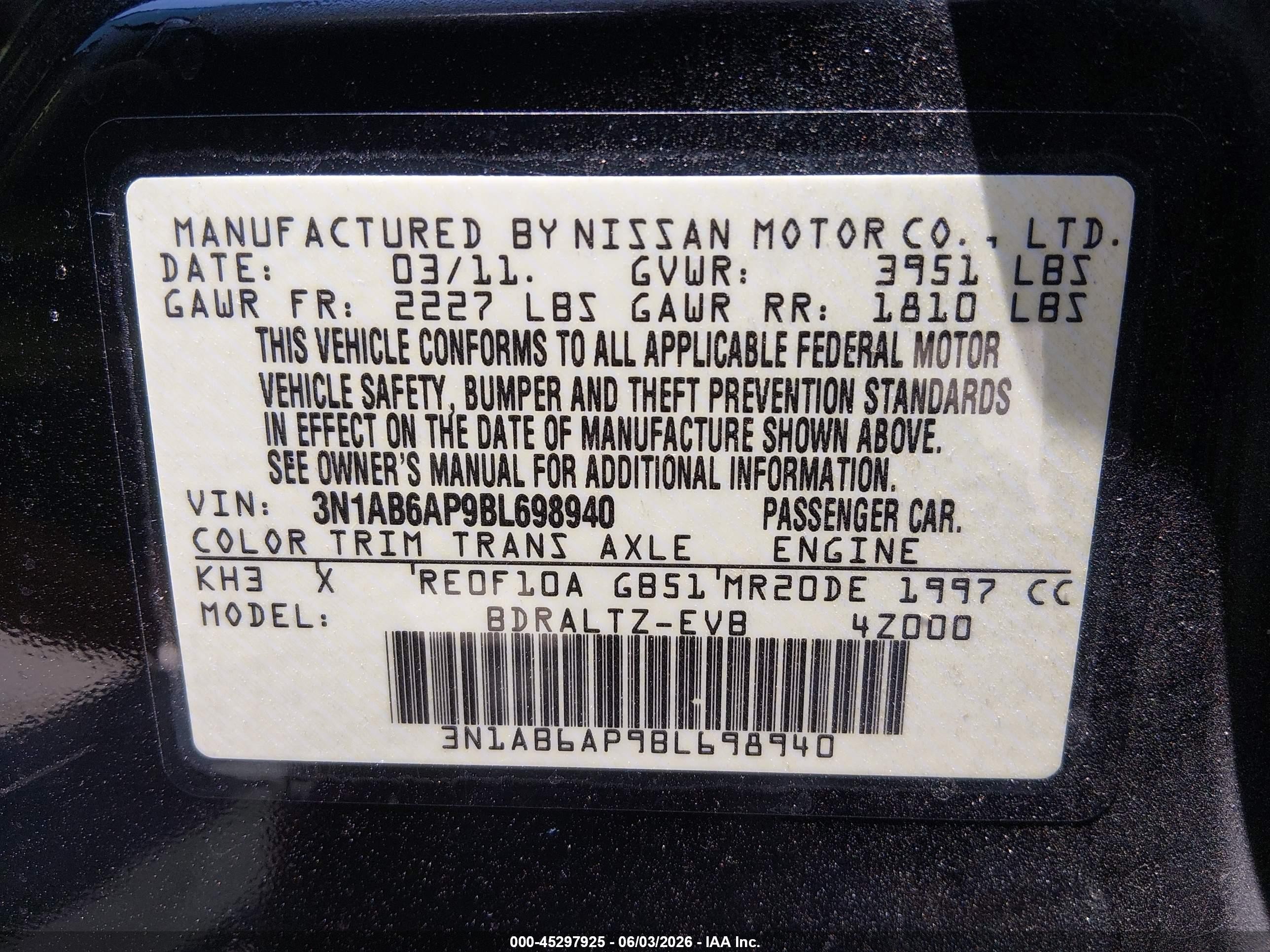2011 Nissan Sentra 2.0s Black vin: 3N1AB6AP9BL698940
