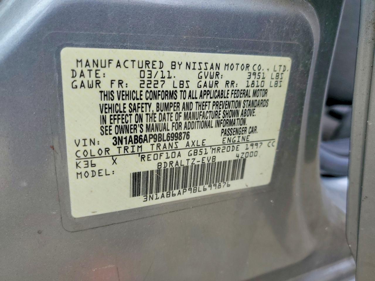 2011 Nissan Sentra Gray vin: 3N1AB6AP9BL699876