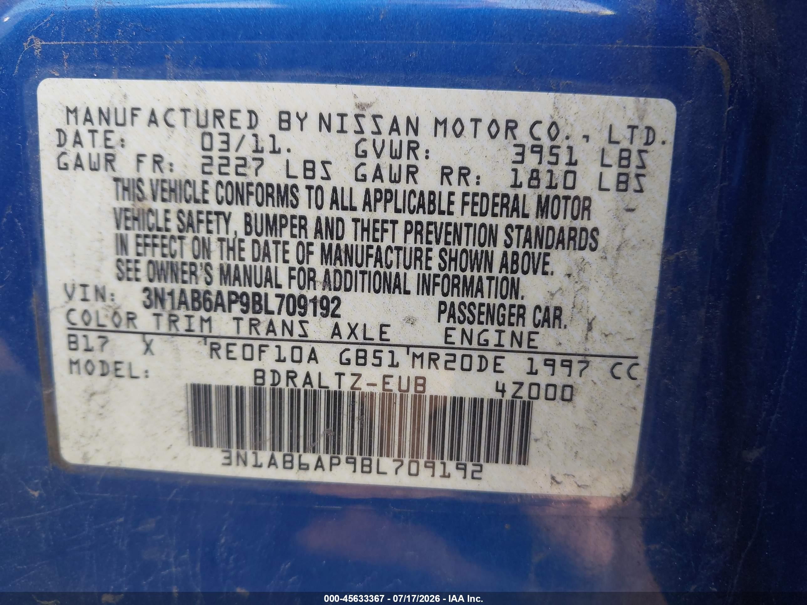 2011 Nissan Sentra 2.0sr Blue vin: 3N1AB6AP9BL709192