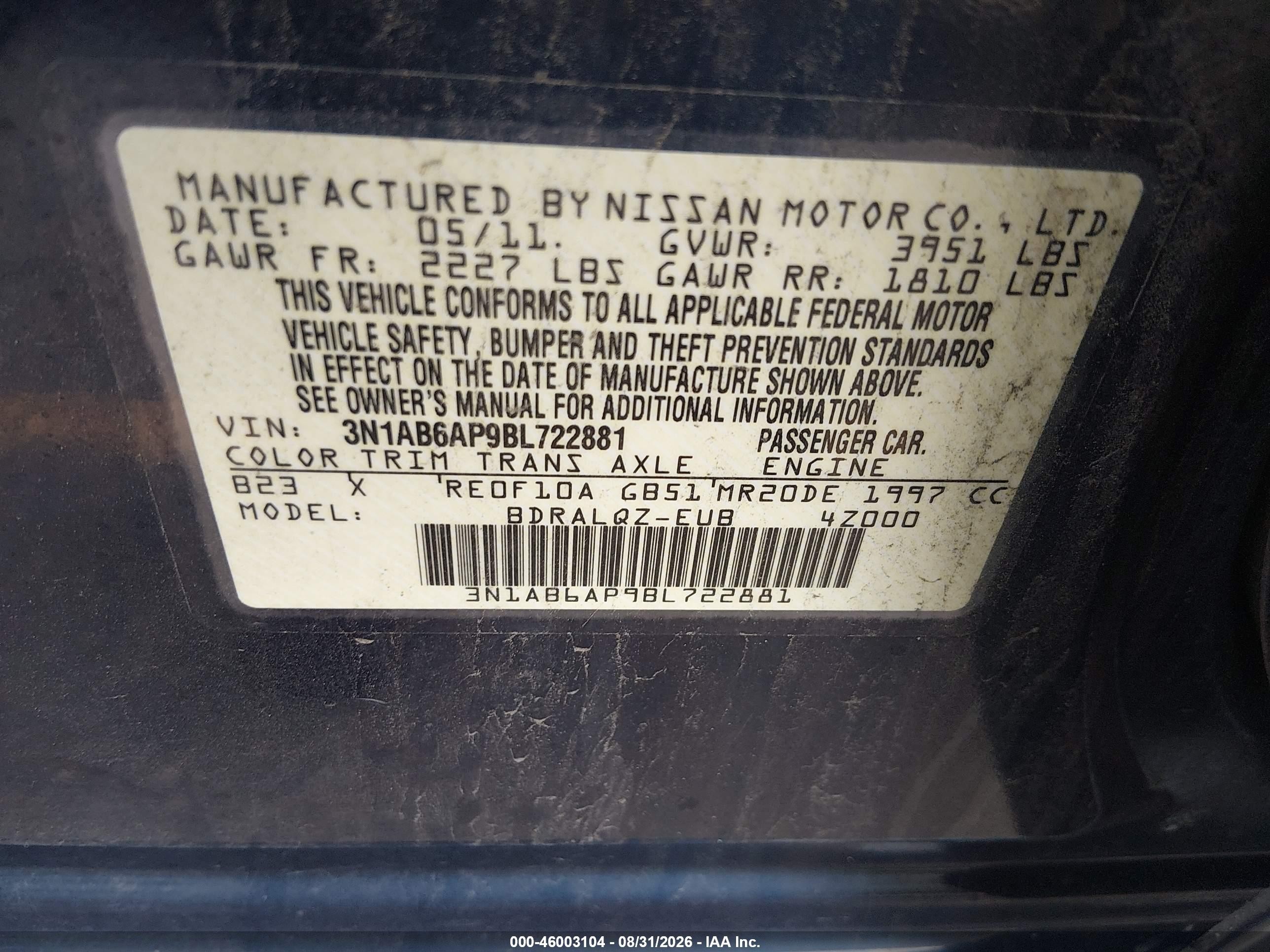 2011 Nissan Sentra 2.0 Blue vin: 3N1AB6AP9BL722881